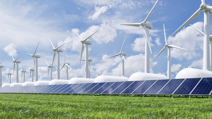 Wind turbines, solar modules and hydrogen storage