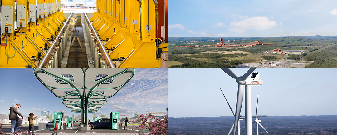 Collage aus Wartungsanlage, Stahlwerk, E-Ladestation und Windrädern