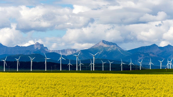 Wind turbine renewable energy power generation in canola field near Pincher Creek, Alberta, Canada.