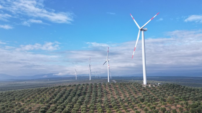 Blick auf Windräder eines Windparks